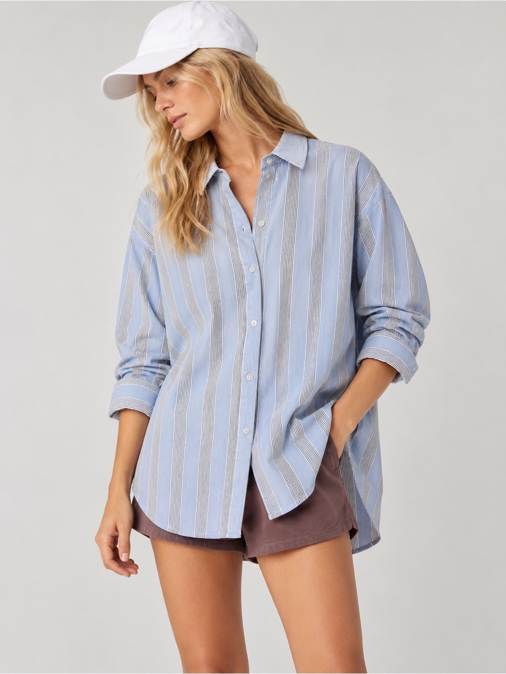 NEW Aerie Oversized Striped Button Down Shirt Blue White Size M 1082